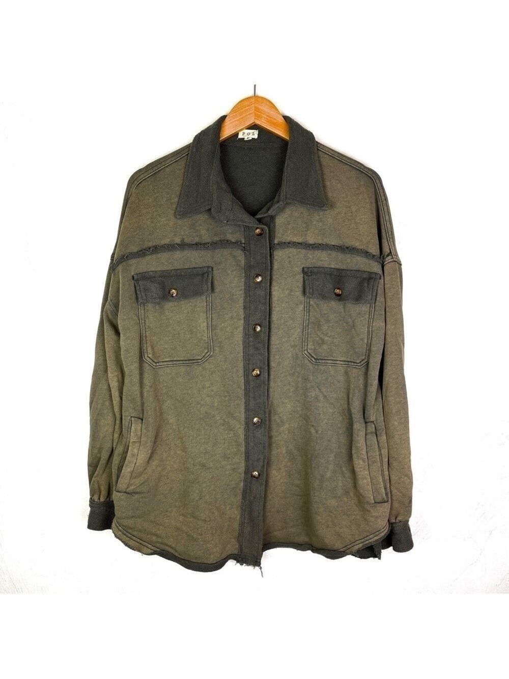 POL French Terry Button Down Shacket Brown Green Medium - Picture 2 of 5